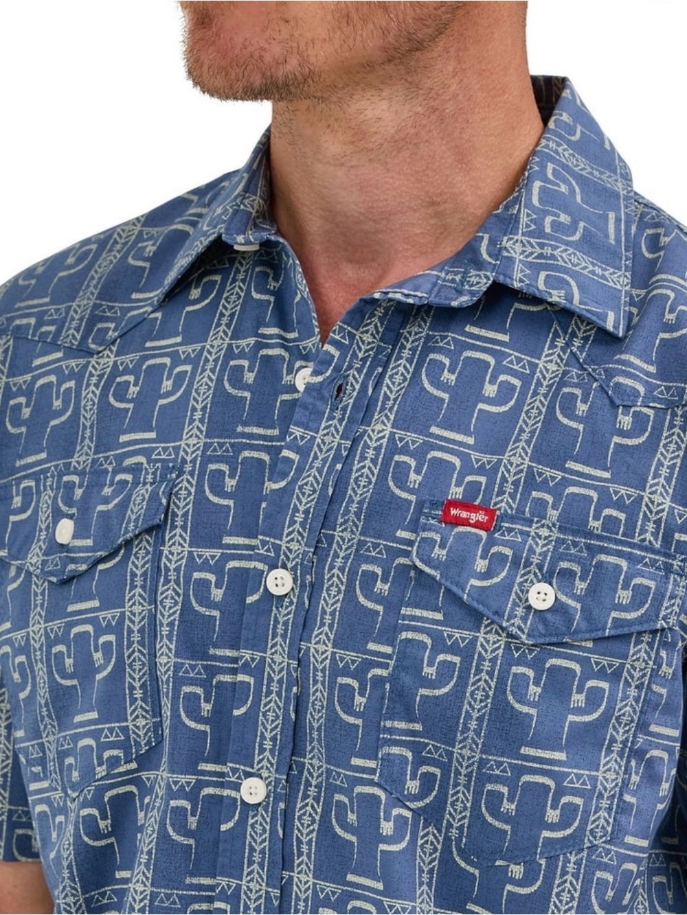 Wrangler Blue Short Sleeve Cactus Print Button-Down Shirt